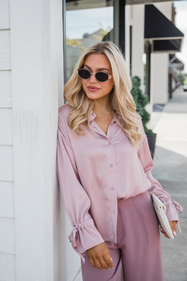 Think It Through Mauve Bow Cuff Satin Button Down Shirt