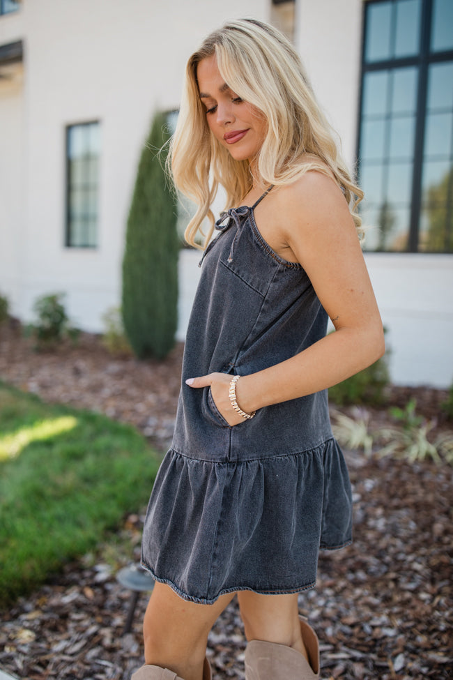 A World Like That Washed Black Tie Strap Denim Dress