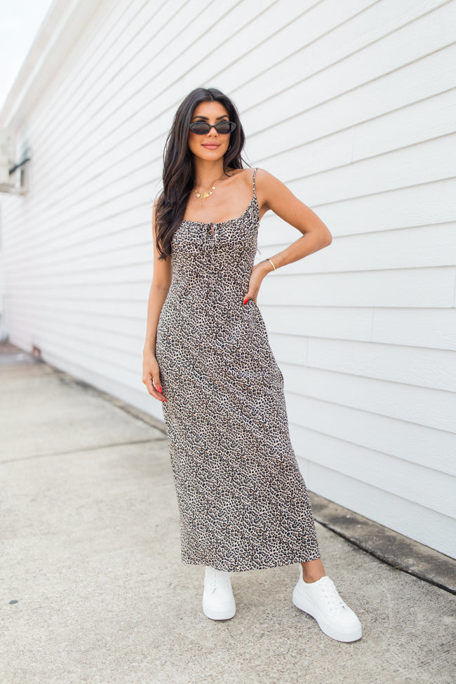 Be My Muse Shirred Neck Taupe Leopard Midi Dress