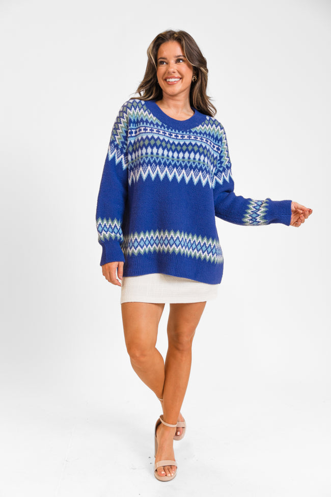 Bundled Up Navy Oversized Fuzzy Fair Isle Sweater