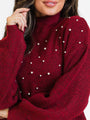 Dazzling Glow Burgundy Pearl Embellished Mock Neck Sweater