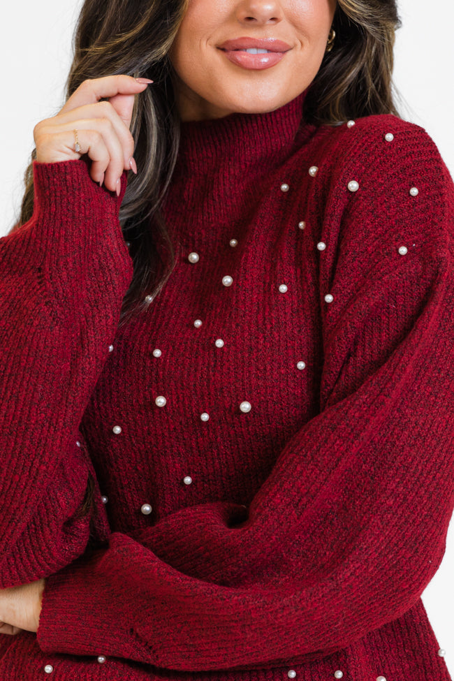 Dazzling Glow Burgundy Pearl Embellished Mock Neck Sweater