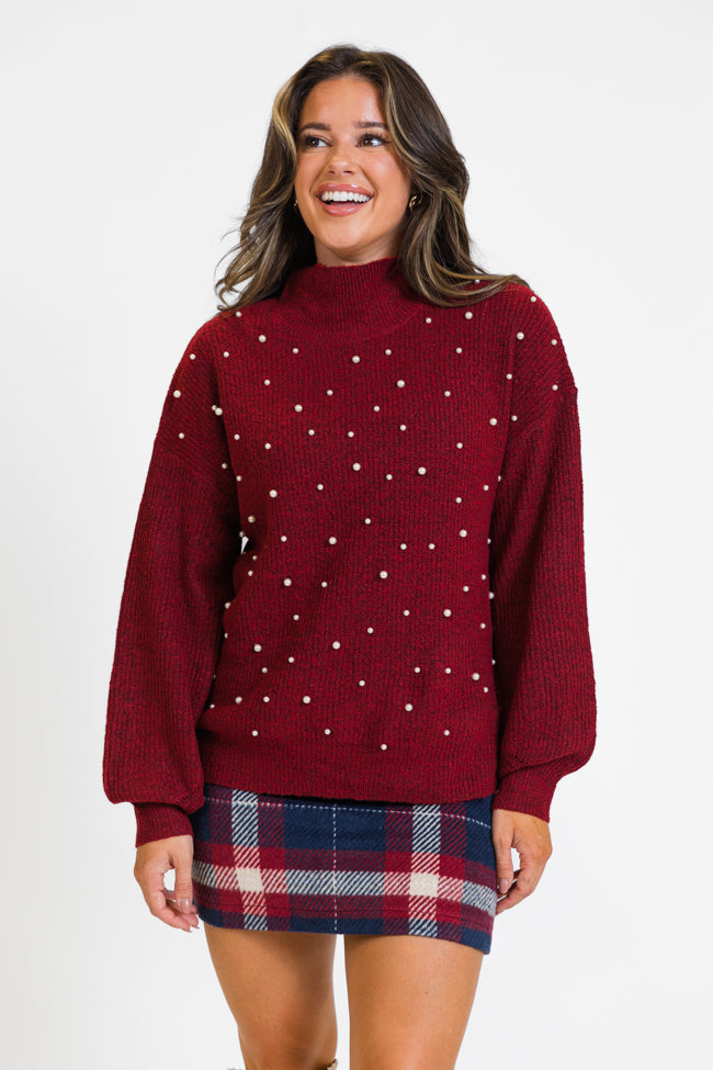 Dazzling Glow Burgundy Pearl Embellished Mock Neck Sweater