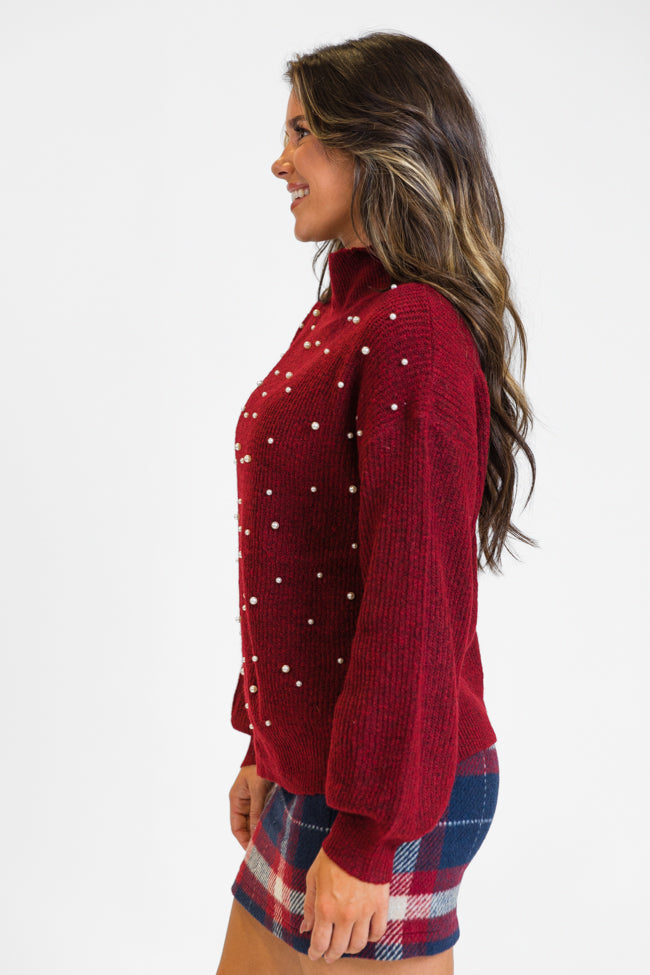 Dazzling Glow Burgundy Pearl Embellished Mock Neck Sweater