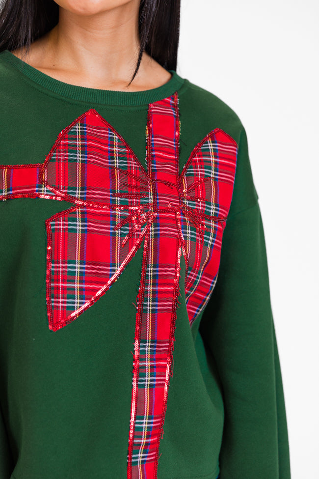 All Tied Up Green Plaid Bow Sweatshirt