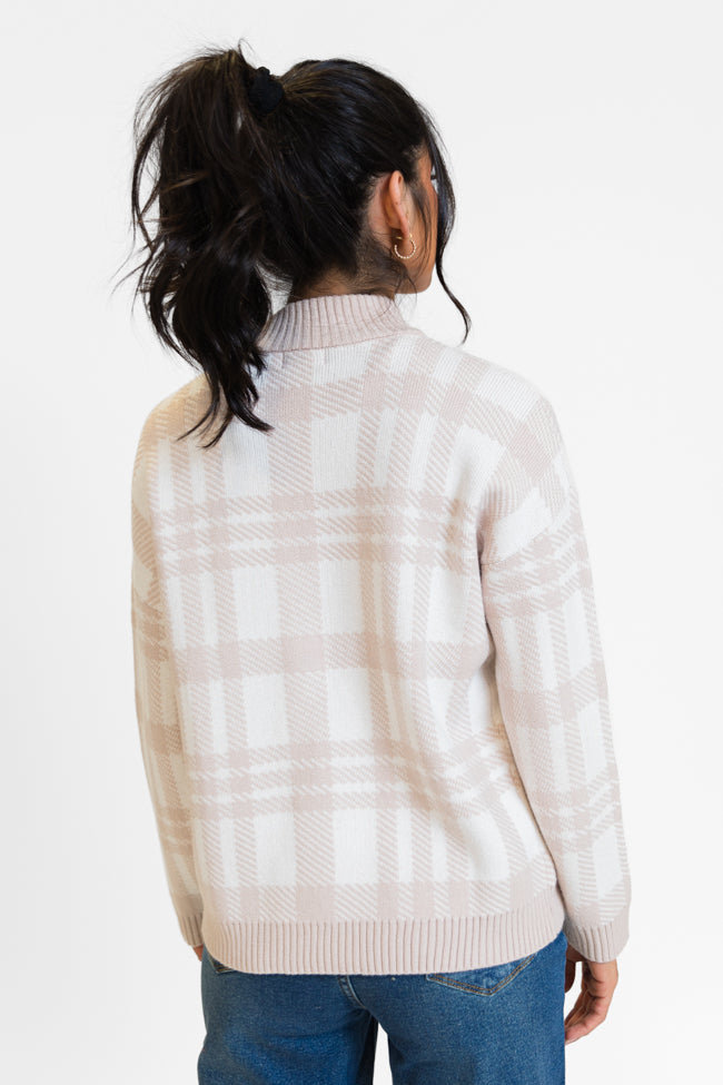 Make It Count Beige Plaid Printed Quarter Zip Pullover