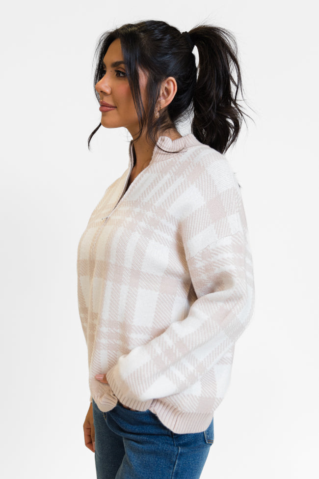 Make It Count Beige Plaid Printed Quarter Zip Pullover