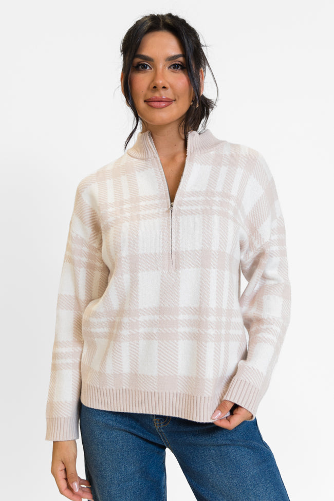 Make It Count Beige Plaid Printed Quarter Zip Pullover