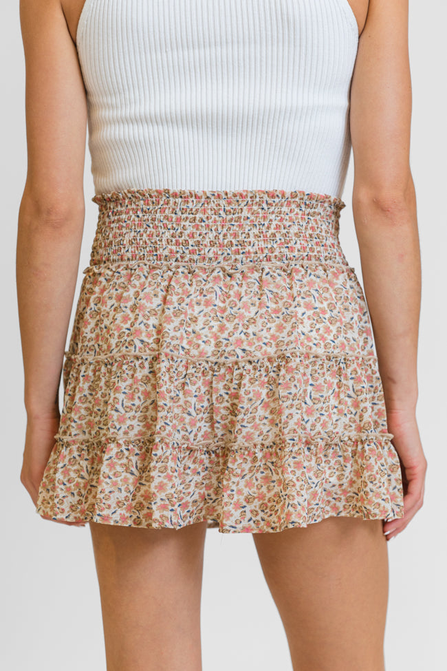 Through The Garden Ivory and Tan Floral Mini Skort