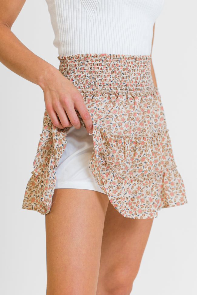 Through The Garden Ivory and Tan Floral Mini Skort