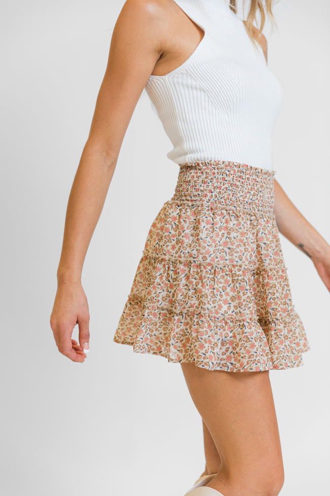 Through The Garden Ivory and Tan Floral Mini Skort