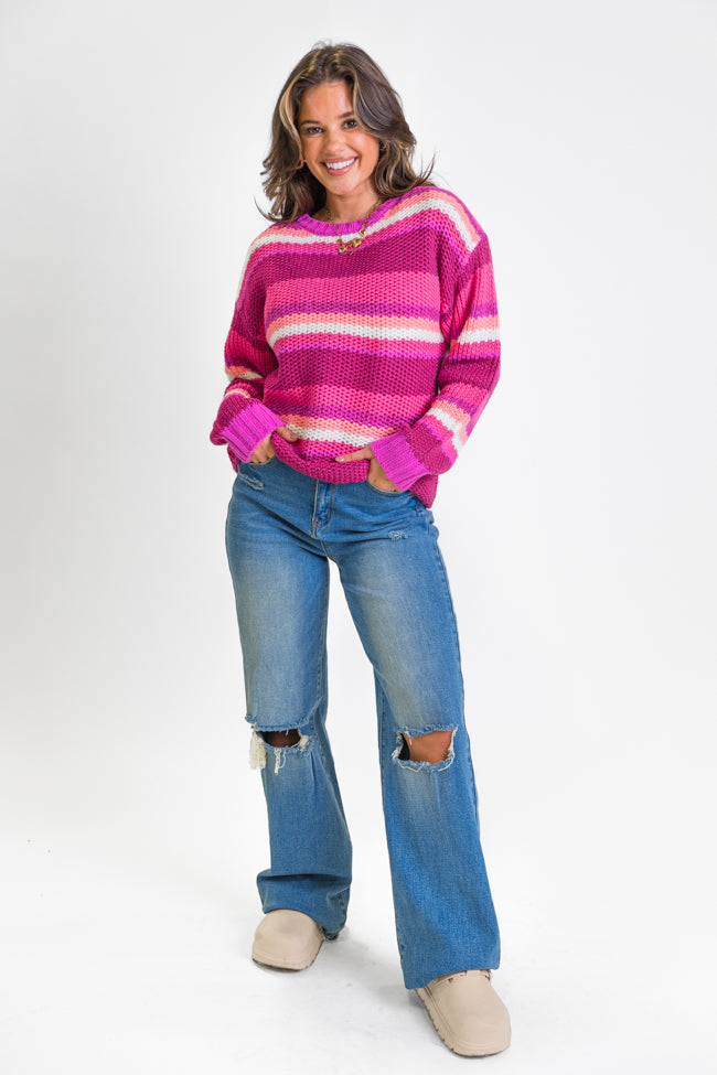 All the Good Magenta Striped Crew Neck Sweater