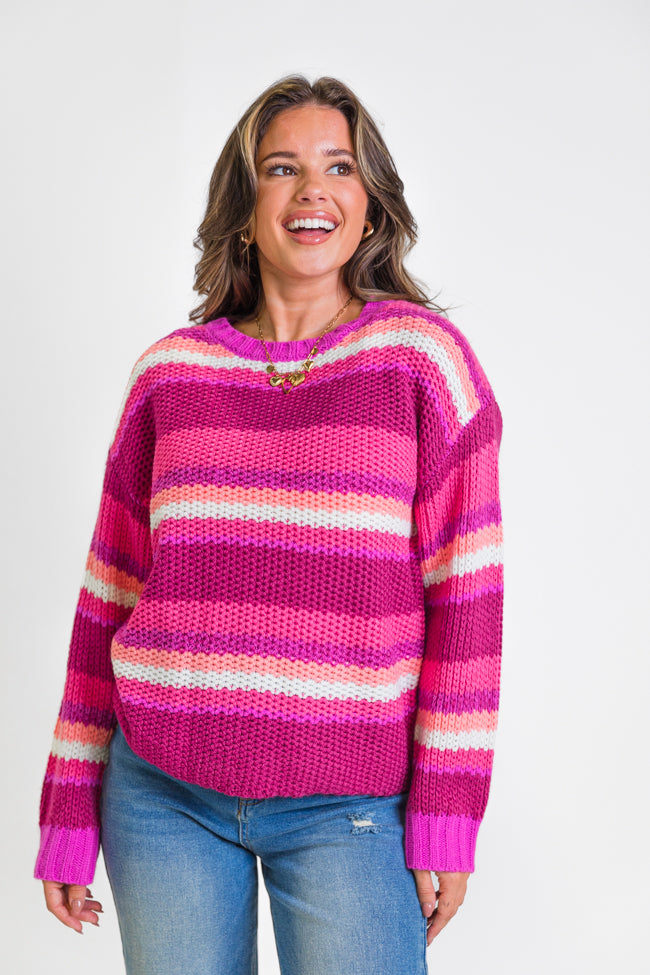 All the Good Magenta Striped Crew Neck Sweater