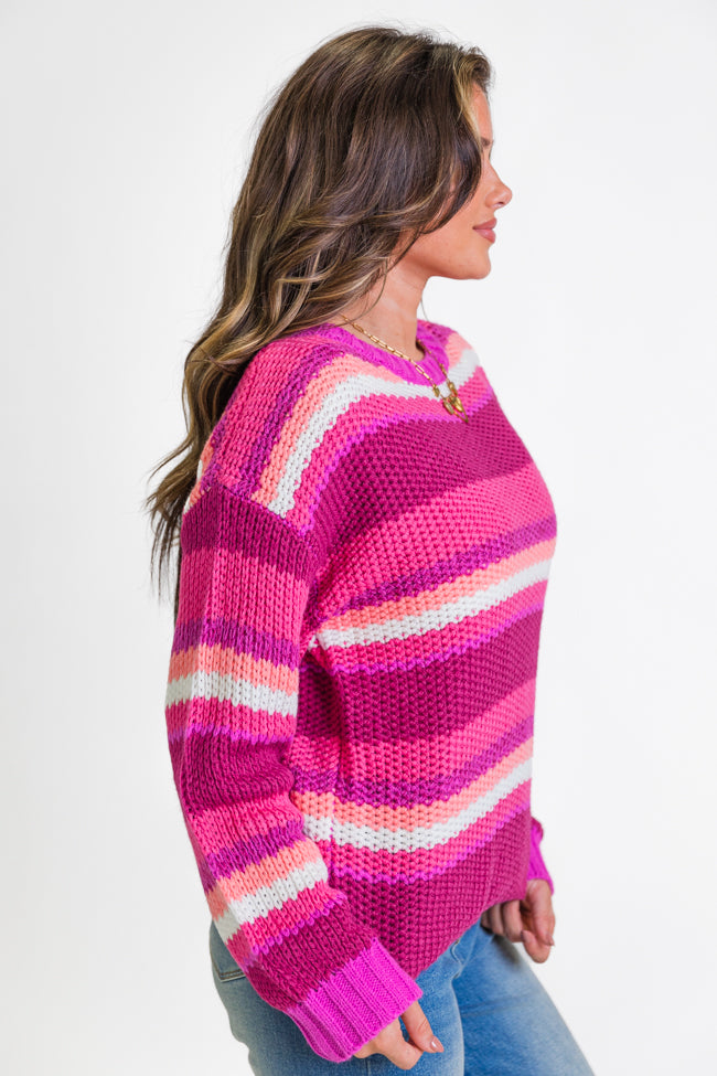 All the Good Magenta Striped Crew Neck Sweater