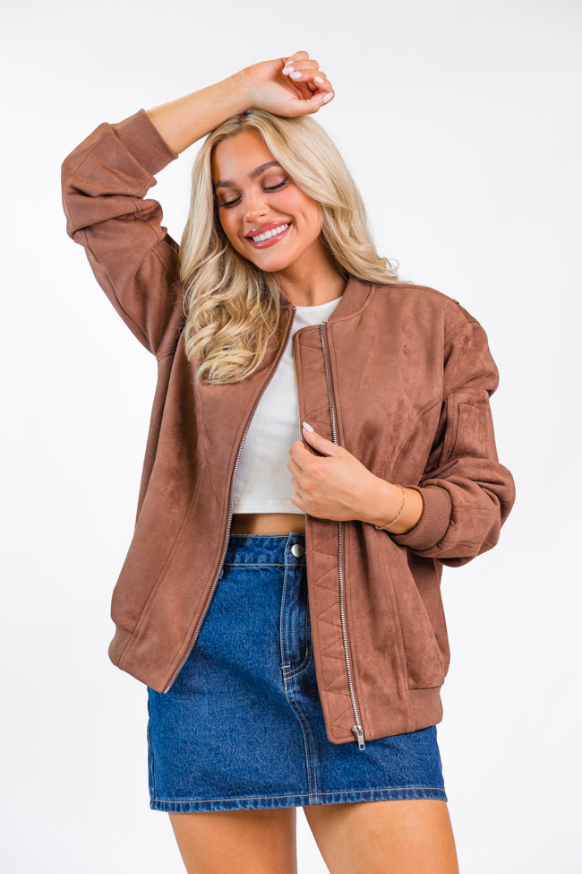 Believe In Me Brown Oversized Suede Bomber Jacket