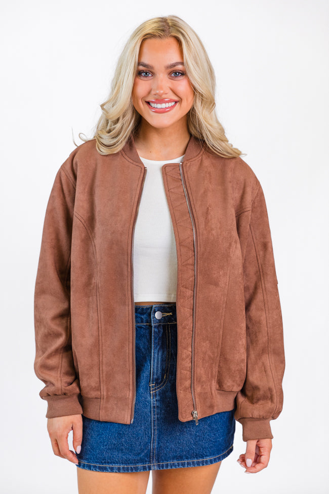 Believe In Me Brown Oversized Suede Bomber Jacket