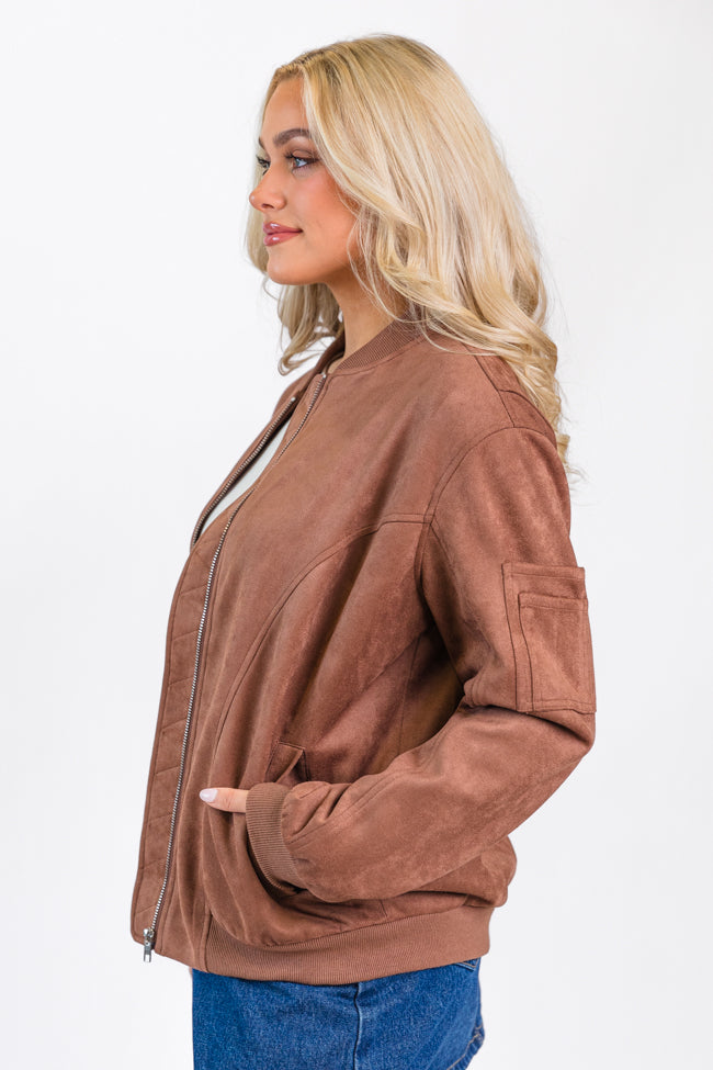 Believe In Me Brown Oversized Suede Bomber Jacket