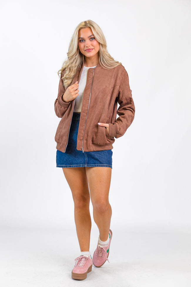 Believe In Me Brown Oversized Suede Bomber Jacket