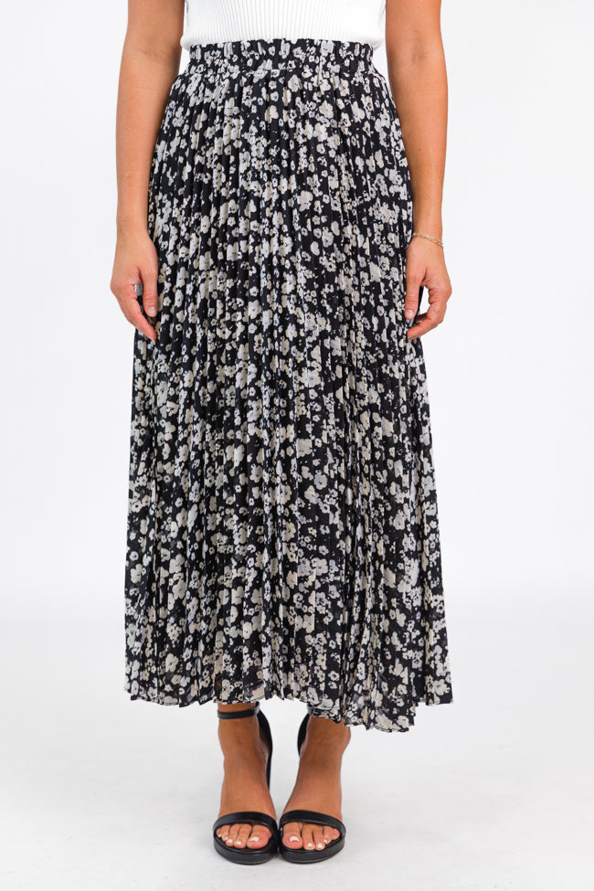 Pleats and Thank You Black Floral Maxi Skirt