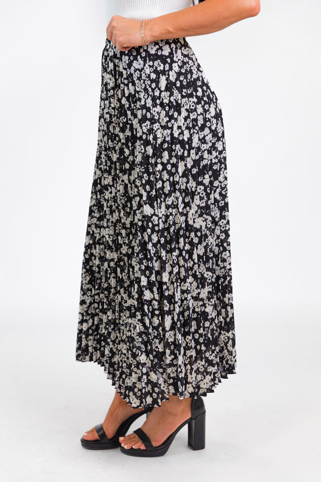 Pleats and Thank You Black Floral Maxi Skirt