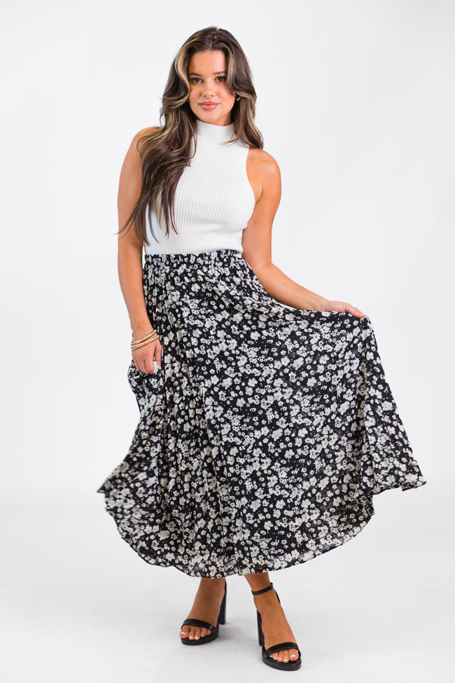 Pleats and Thank You Black Floral Maxi Skirt