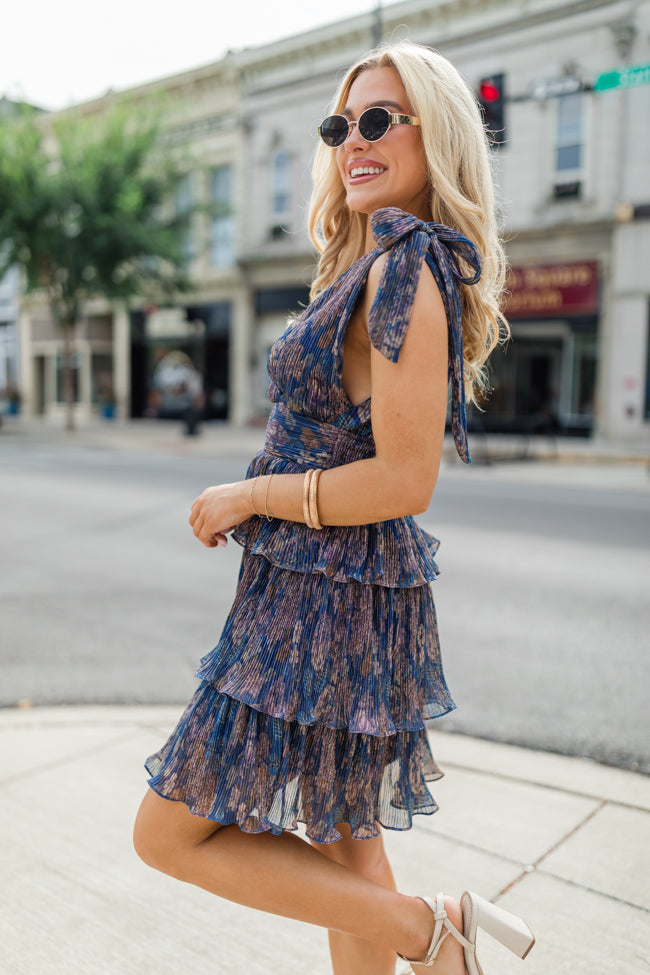 Hello Beautiful Navy Printed Crinkle Fabric Mini Dress