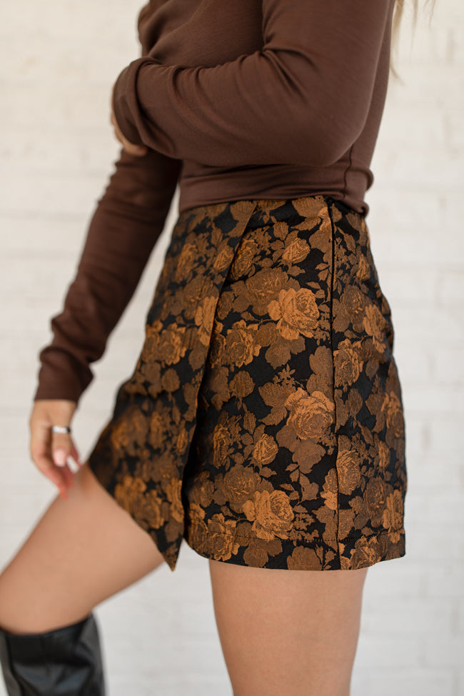 My Golden Hour Black and Bronze Floral Brocade Skort