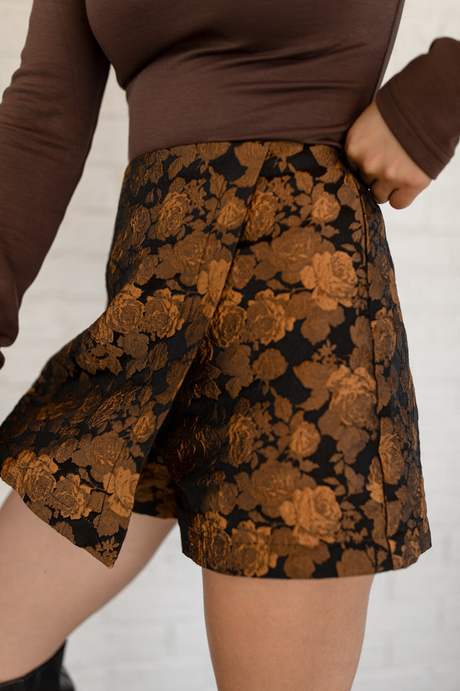 My Golden Hour Black and Bronze Floral Brocade Skort