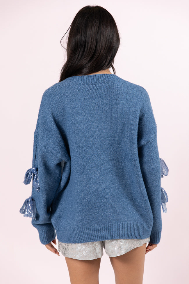 Glad tidings Blue Shimmer Bow Sleeve V-neck Sweater