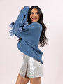 Glad tidings Blue Shimmer Bow Sleeve V-neck Sweater