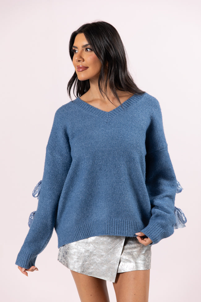 Glad tidings Blue Shimmer Bow Sleeve V-neck Sweater