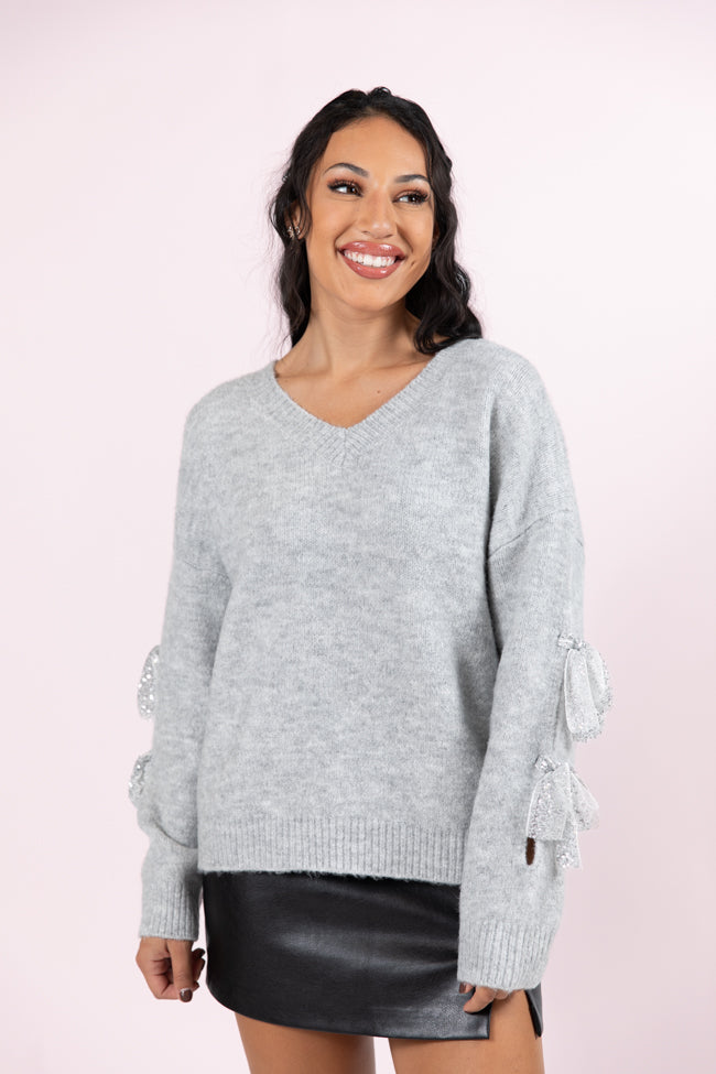 Glad Tidings Grey Shimmer Bow Sleeve V-neck Sweater