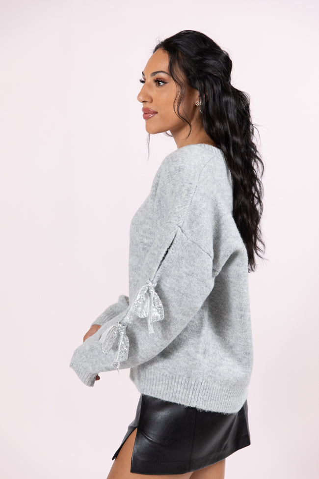 Glad Tidings Grey Shimmer Bow Sleeve V-neck Sweater