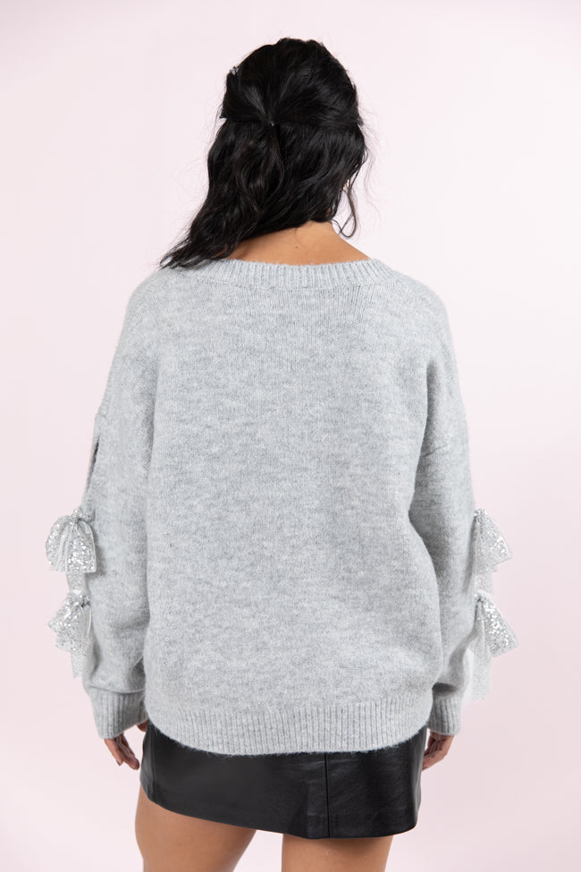 Glad Tidings Grey Shimmer Bow Sleeve V-neck Sweater