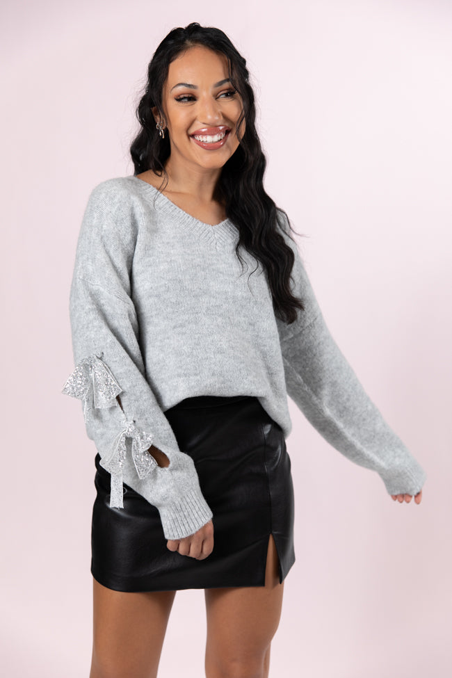 Glad Tidings Grey Shimmer Bow Sleeve V-neck Sweater