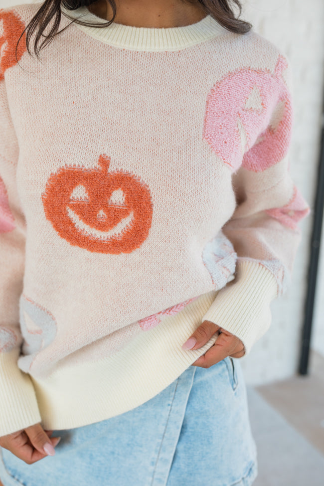 Pumpkin Queen Ivory Multi Fuzzy Embroidered Sweater