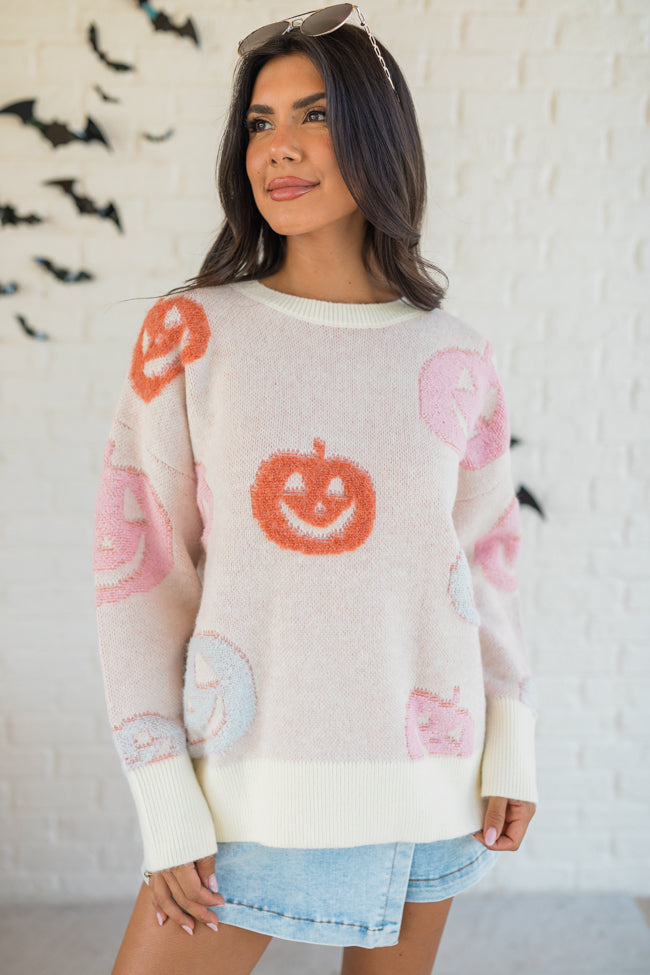 Pumpkin Queen Ivory Multi Fuzzy Embroidered Sweater