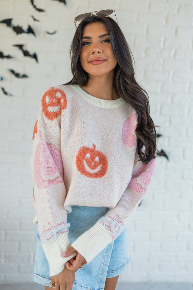 Pumpkin Queen Ivory Multi Fuzzy Embroidered Sweater