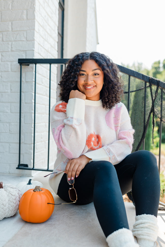 Pumpkin Queen Ivory Multi Fuzzy Embroidered Sweater