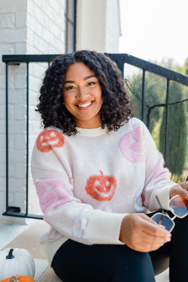 Pumpkin Queen Ivory Multi Fuzzy Embroidered Sweater