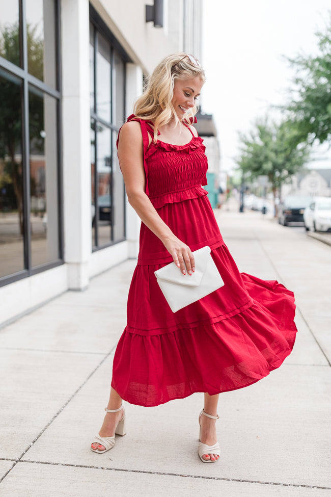 Take Your Turn Red Tie Shoulder Smocked Dress