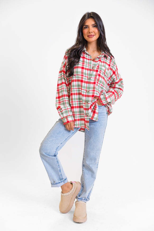 Made Me Realize Ivory, Red, and Green Plaid Oversized Button Front Shirt