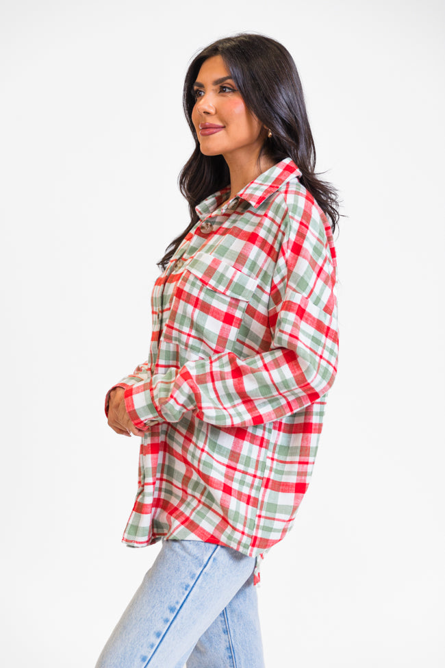 Made Me Realize Ivory, Red, and Green Plaid Oversized Button Front Shirt