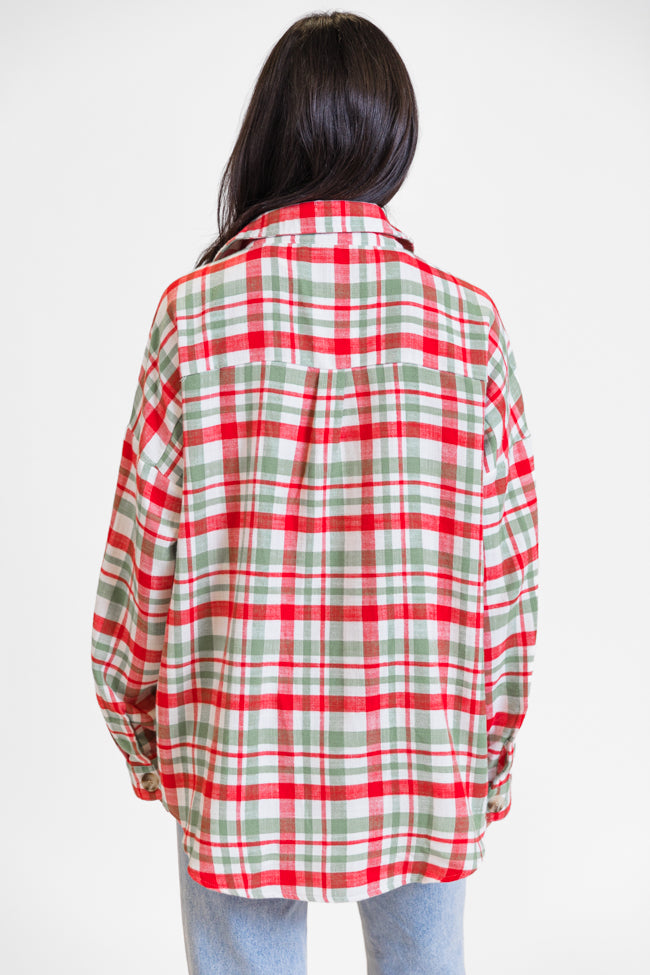 Made Me Realize Ivory, Red, and Green Plaid Oversized Button Front Shirt