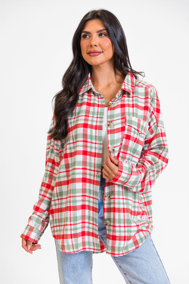 Made Me Realize Ivory, Red, and Green Plaid Oversized Button Front Shirt