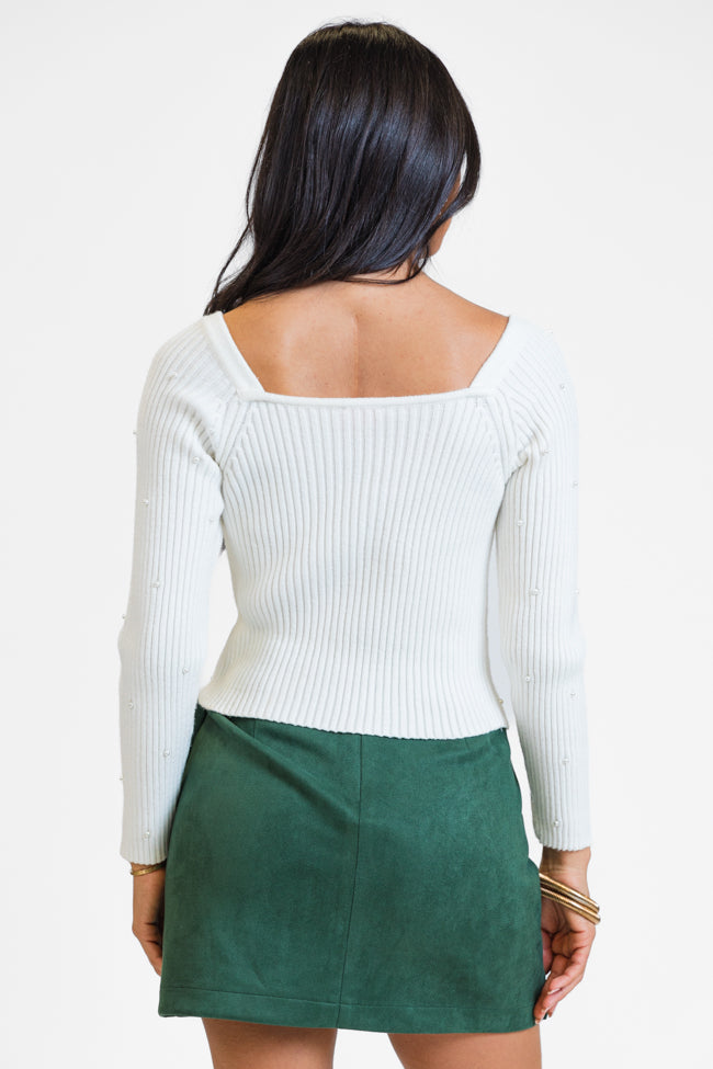 Snowed In Ivory Pearl Embellished Square Neck Sweater