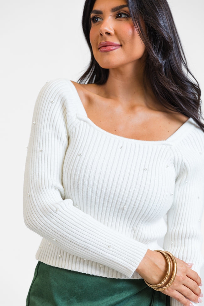 Snowed In Ivory Pearl Embellished Square Neck Sweater