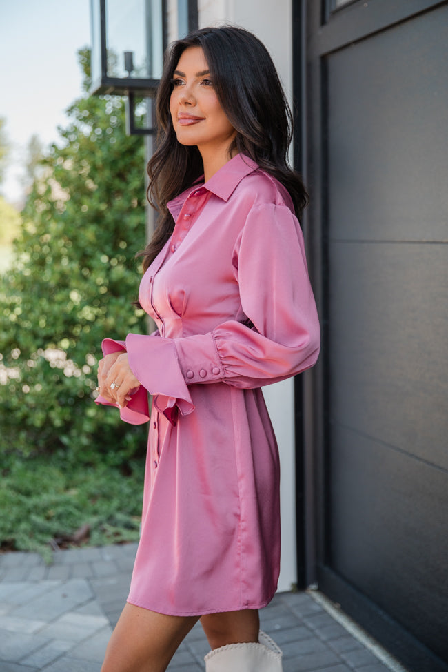 Manners Matter Rose Satin Collared Shirt Dress