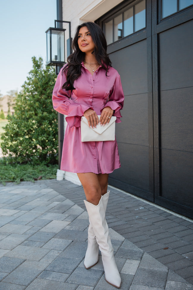 Manners Matter Rose Satin Collared Shirt Dress