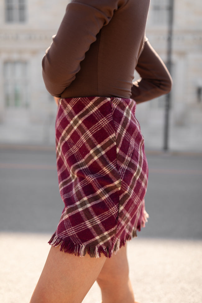 Gives Me Hope Burgundy Fringe Hem Plaid Skirt